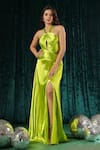 B'Infinite_Green Satin Lush Lemongrass Pleated Dress For Kids_Online_at_Aza_Fashions