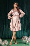 Buy_B'Infinite_Pink Satin Overlap Classic Metallic Wrap Dress _at_Aza_Fashions