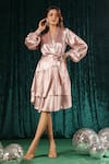 Buy_B'Infinite_Pink Satin Overlap Classic Metallic Wrap Dress _Online_at_Aza_Fashions