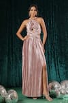 Buy_B'Infinite_Pink Satin Classic Metallic Pleated Halter Dress For Kids_at_Aza_Fashions