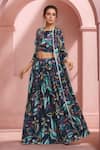 Buy_Samyukta Singhania_Blue Slim Georgette Printed Floral Cape Open Foliage Lehenga Set _at_Aza_Fashions