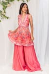 Buy_Lavina sippy_Pink Chanderi Print Floral Plunge Neck Peplum Tunic With Palazzo _at_Aza_Fashions