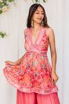 Shop_Lavina sippy_Pink Chanderi Print Floral Plunge Neck Peplum Tunic With Palazzo _at_Aza_Fashions