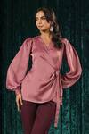 Buy_B'Infinite_Pink Satin Wrap Blush Side Knot Top _at_Aza_Fashions