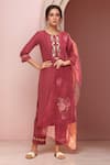 Buy_Samyukta Singhania_Maroon Kurta And Pant Cotton Blend Embroidered Floral Round Placket Set _at_Aza_Fashions