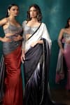 Buy_Sawan Gandhi_White Satin Embroidered Bead Notched Monochrome Ombre Saree With Blouse _at_Aza_Fashions