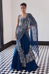 Buy_Charu and Vasundhara_Blue Taffeta Tasser Fiona Bloom Wave Pre-draped Lehenga Saree With Blouse _at_Aza_Fashions