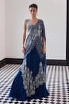 Buy_Charu and Vasundhara_Blue Taffeta Tasser Fiona Bloom Wave Pre-draped Lehenga Saree With Blouse _Online_at_Aza_Fashions