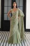 Buy_Charu and Vasundhara_Green Tafetta Tussar Viscose Organza Frida And Bead Pre-draped Saree With Blouse _at_Aza_Fashions