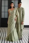 Shop_Charu and Vasundhara_Green Tafetta Tussar Viscose Organza Frida And Bead Pre-draped Saree With Blouse _Online_at_Aza_Fashions