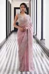 Buy_Charu and Vasundhara_Pink Tafetta Tussar Stretch Fenton And Cutdana Pre-draped Saree With Blouse _at_Aza_Fashions