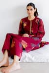 Juanita by Shubhda_Maroon Chanderi Hand Block Print Floral Collar Kurta And Pant Co-ord Set _Online_at_Aza_Fashions