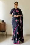 Buy_Juanita by Shubhda_Black Silk Printed Dahlia High Saree With Blouse _at_Aza_Fashions