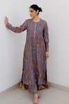 Buy_Juanita by Shubhda_Grey Chanderi Hand Block Print Sequin Round Slate Kurta And Pant Set _at_Aza_Fashions