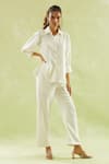 Shop_Naintara Bajaj_White Neoprene, Lycra Collared Solid Puffed Sleeves Shirt And Pant Set _Online_at_Aza_Fashions
