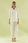 Naintara Bajaj_White Neoprene, Lycra Collared Solid Puffed Sleeves Shirt And Pant Set _at_Aza_Fashions