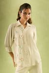 Samyukta Singhania_Cream Imported Soft Linen Embroidery Sequin Collar Butterfly Shirt With Pant _Online_at_Aza_Fashions