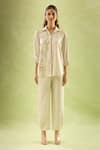 Buy_Samyukta Singhania_Cream Imported Soft Linen Embroidery Sequin Collar Butterfly Shirt With Pant 