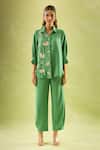 Samyukta Singhania_Green Imported Soft Linen Embroidery Sequin Butterfly Blossom Shirt And Pant Set _at_Aza_Fashions