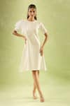 Samyukta Singhania_White Neoprene Lycra Solid Round Neck Asymmetric Ruffled Sleeves Midi Dress _at_Aza_Fashions