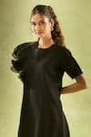 Samyukta Singhania_Black Neoprene Lycra Solid Round Plain Asymmetric Ruffled Sleeves Midi Dress _Online_at_Aza_Fashions