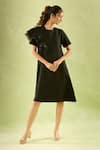 Shop_Samyukta Singhania_Black Neoprene Lycra Solid Round Plain Asymmetric Ruffled Sleeves Midi Dress _Online_at_Aza_Fashions