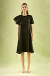 Buy_Samyukta Singhania_Black Neoprene Lycra Solid Round Plain Asymmetric Ruffled Sleeves Midi Dress 