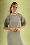 Samyukta Singhania_Grey Neoprene Lycra Pleated Round Pearl Embroidered Neckline Dress With Inner _Online_at_Aza_Fashions