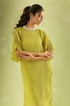 Buy_Samyukta Singhania_Green Neoprene Lycra Pleated Round Collar Embellished Neckline Dress With Inner 