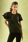 Samyukta Singhania_Black Neoprene Lycra Solid Round Neck Asymmetric Ruffled Sleeves Top _Online_at_Aza_Fashions