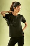 Buy_Samyukta Singhania_Black Neoprene Lycra Solid Round Neck Asymmetric Ruffled Sleeves Top _Online_at_Aza_Fashions