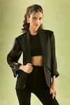 Shop_Samyukta Singhania_Black Banana Crepe Solid Lapel Collar Blazer Jacket _Online_at_Aza_Fashions