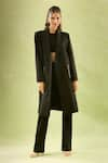 Buy_Samyukta Singhania_Black Banana Crepe Embellished Pearls Lapel Collar Long Coat Jacket 