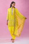 Kunwarani Ritu_Yellow Georgette Mirrors, Sequins, Zari, Embroidery Mandarin Collar Kurta Set _Online_at_Aza_Fashions