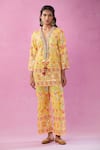 Buy_Kunwaraniritu_Yellow Georgette Embroidery Mirror Plunge V Neck Kurta And Pant Set _Online_at_Aza_Fashions