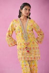 Shop_Kunwaraniritu_Yellow Georgette Embroidery Mirror Plunge V Neck Kurta And Pant Set _Online_at_Aza_Fashions