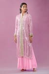 Buy_Kunwaraniritu_Pink Georgette Embroidery Mirror Mandarin Collar Jacket Kurta And Sharara Set _at_Aza_Fashions