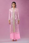 Kunwaraniritu_Pink Georgette Embroidery Mirror Mandarin Collar Jacket Kurta And Sharara Set _at_Aza_Fashions