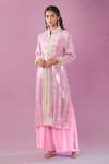 Buy_Kunwaraniritu_Pink Georgette Embroidery Mirror Mandarin Collar Jacket Kurta And Sharara Set 