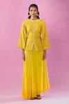 Kunwaraniritu_Yellow Georgette Embroidery Chikankari Round Jacket And Skirt Set _at_Aza_Fashions