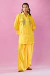 Buy_Kunwaraniritu_Yellow Satin Embroidery Zardozi Collar Shirt And Skirt Set _Online_at_Aza_Fashions