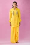 Shop_Kunwaraniritu_Yellow Satin Embroidery Zardozi Collar Shirt And Skirt Set _Online_at_Aza_Fashions