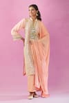 Buy_Kunwaraniritu_Peach Georgette Embroidery Mirror Mandarin Collar Work Kurta Pant Set _at_Aza_Fashions