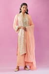 Buy_Kunwaraniritu_Peach Georgette Embroidery Mirror Mandarin Collar Work Kurta Pant Set _Online_at_Aza_Fashions