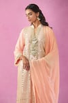 Shop_Kunwaraniritu_Peach Georgette Embroidery Mirror Mandarin Collar Work Kurta Pant Set _Online_at_Aza_Fashions