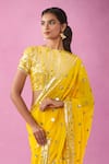 Buy_Kunwaraniritu_Yellow Georgette Embroidery Sequin Boat Neck Polka Dot Saree With Blouse _Online_at_Aza_Fashions