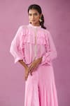 Kunwaraniritu_Pink Georgette Embroidery Sequin Band Collar Ruffle Kurta And Palazzo Set _Online_at_Aza_Fashions