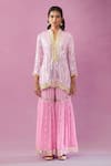 Shop_Kunwaraniritu_Pink Georgette Embroidery Mirror Mandarin Collar Stripe Kurta Gharara Set _Online_at_Aza_Fashions