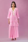 Buy_Kunwaraniritu_Pink Georgette Embroidery Sequin Plunge V Neck Pearl Floral Kurta Gharara Set _Online_at_Aza_Fashions