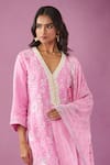 Kunwaraniritu_Pink Georgette Embroidery Sequin Plunge V Neck Pearl Floral Kurta Gharara Set _at_Aza_Fashions